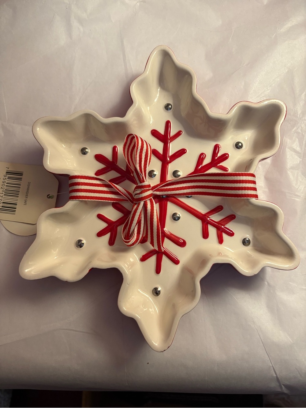 Hallmark White and Red Snowflake Candy Dish with Ribbon
